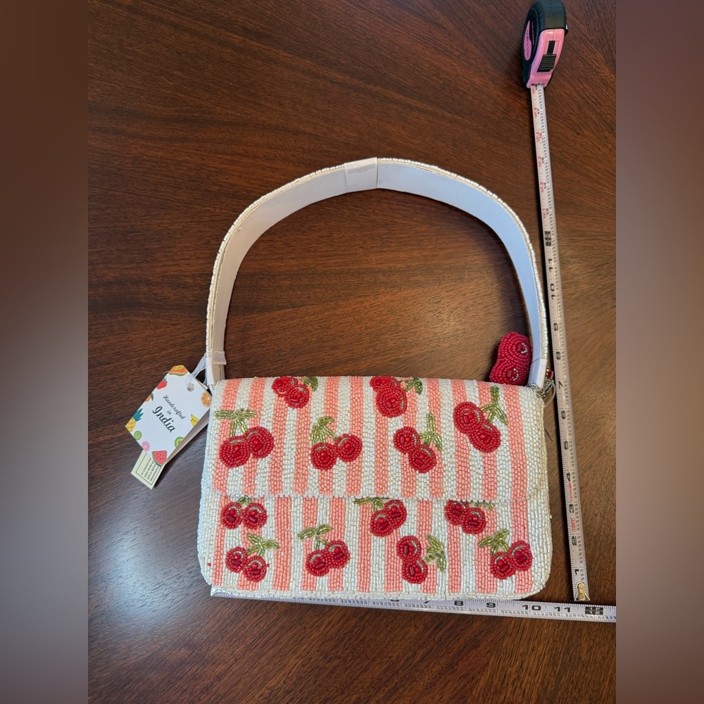 Viral Beaded Bag! NWT Cherries with Pink and White Stripes Shoulder Bag - Picture 4 of 7